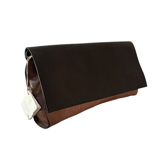 Brunello Cucinelli Leather Clutch Colorblock Brown Tan NWT - Picture 8 of 16